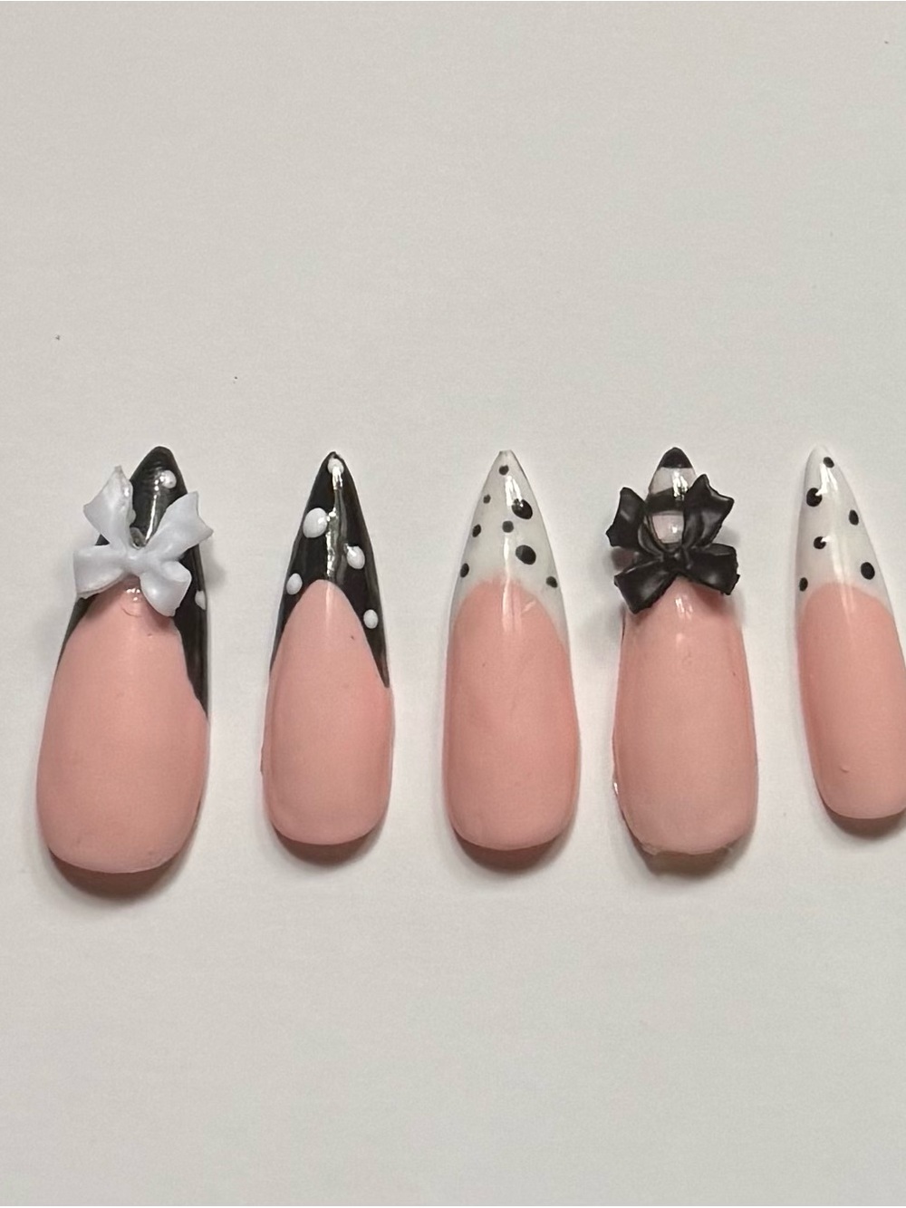 Handmade Black And White Polka Dot with Bow Stiletto Nails
